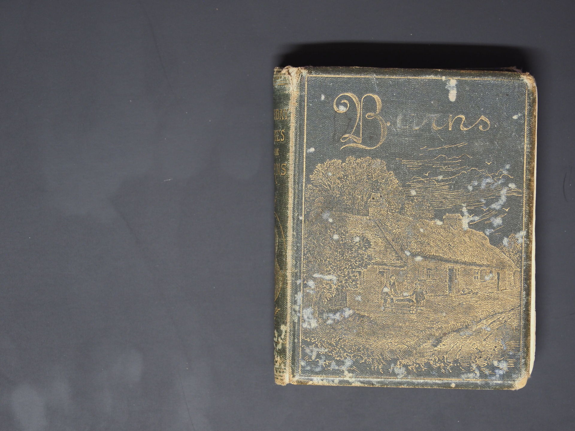 Front cover of a well worn birthday book, featuring a gold embossed image of a cottage.