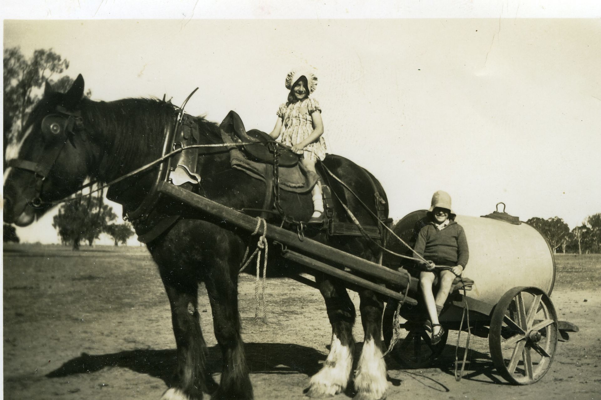Jill and Barrie Ellis with Captain hitched to a Furphy.